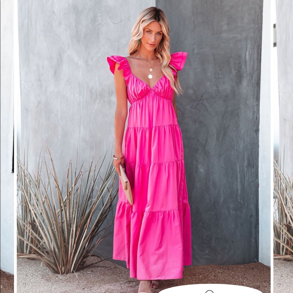 Vici Bright Hot Pink Ruffle Sleeve Maxi Dress